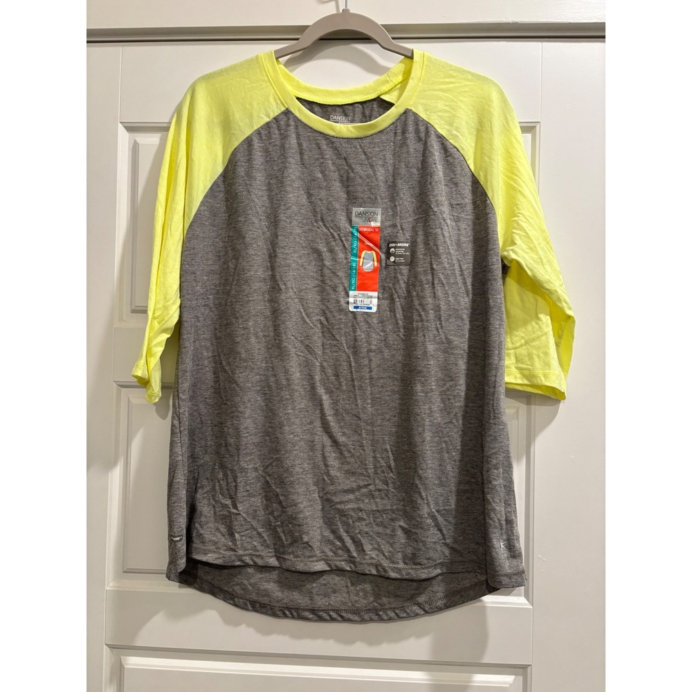 Danskin Now Womens Baseball Tee Gray Neon Yellow Raglan 3/4 Sleeve XL 16-18 NWT